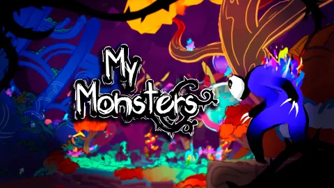 The cover art for My Monsters featuring a hand painted art style. A blue creature with claws occupies the bottom right as it surveys a surreal and colorful landscape.