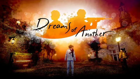 A man in pajamas with a gun on his back standing in a dreamlike world made of bubbles