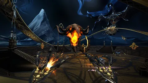 A screaming skull getting ready to launch a fireball at you in an alien-looking video game
