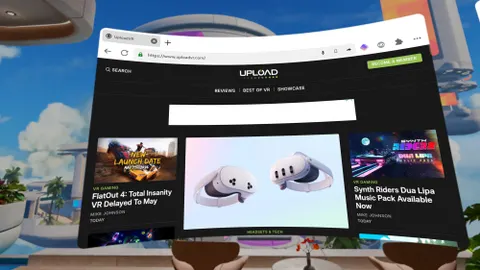 A Meta Quest screenshot shows the UploadVR home page.