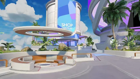 The lobby of Horizon Worlds, bright and cheery with future-brutalist architecture