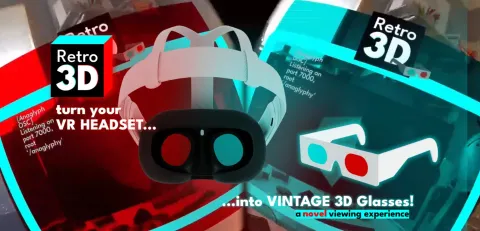 The Retro3D logo, anaglyphic glasses, and a Quest headset appear over a stereoscopic view from the app.