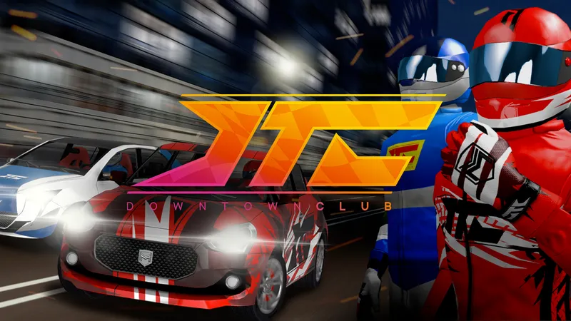 Racer avatars and two hot hatch cars vying for position on a speed-blurred city street. 
