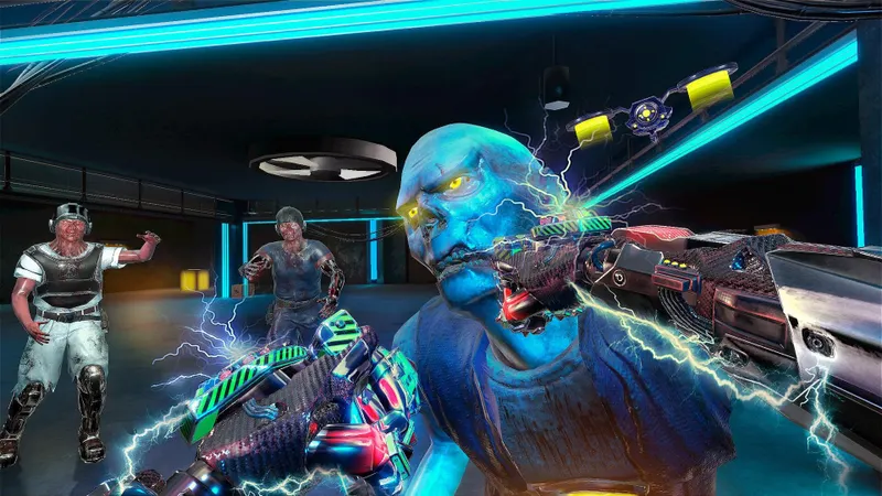 Death Horizon: Cyberfusion - The player punches a zombie with electricity-infused power gloves.