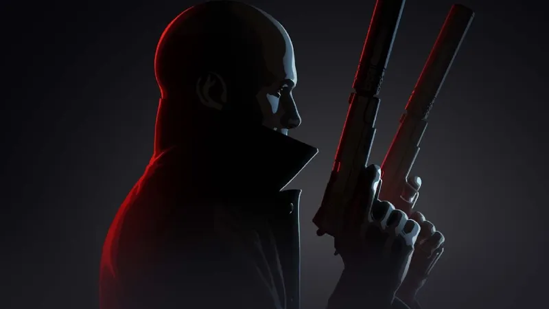 Agent 47 holding two silenced pistols in a shadowed area for Hitman 3 VR Reloaded key art