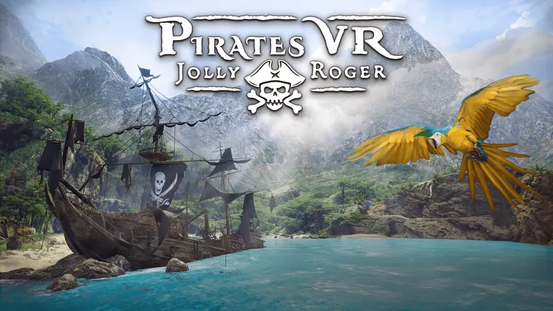 Pirates VR: Jolly Roger key art shows a wrecked pirate ship on an island and a flying yellow parrot
