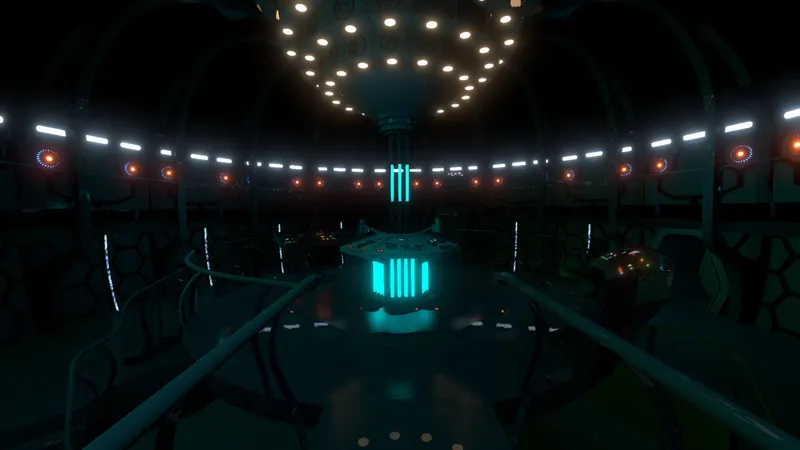 A moody interior of a working TARDIS with glowing lights and dark metal details.
