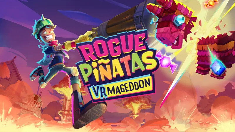 Rogue Pinatas splash art, showing a colorful character smacking an exploding pinata!