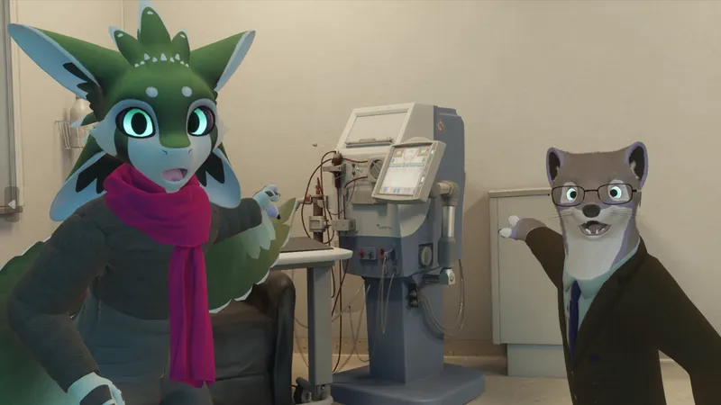 Two furry avatars jokingly point to a virtual recreation of a dialysis machine.