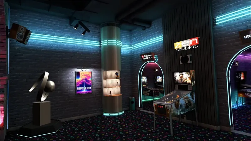 an overview look of the arcade space inside pinball fx vr, showing a few tables, trophies, and neon lights to resemble an arcade