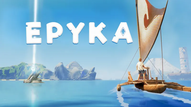 Epyka key art shows a boat with a man and dog on it heading towards an island