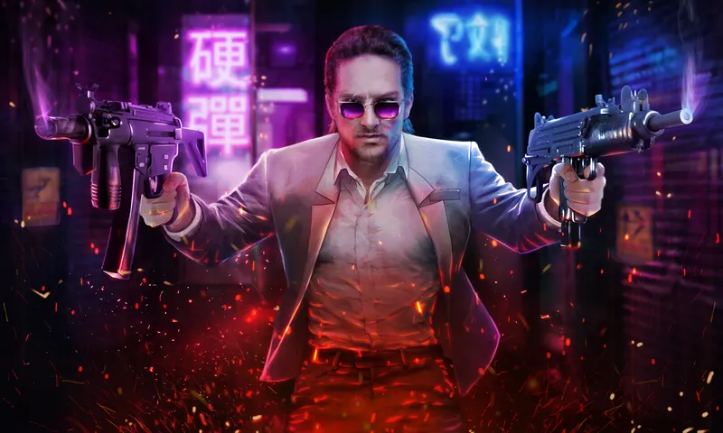 Man dual wielding guns with a neon lit city visible behind him