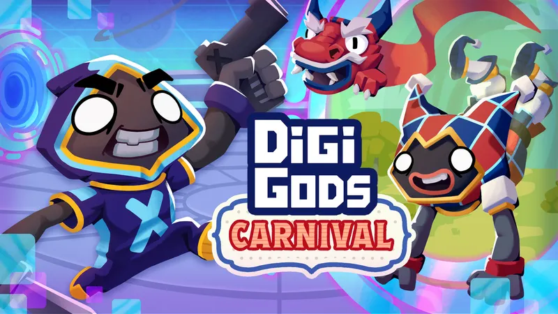 One character holding a gun, another is dressed as a jester, and a dragon flies above the latter