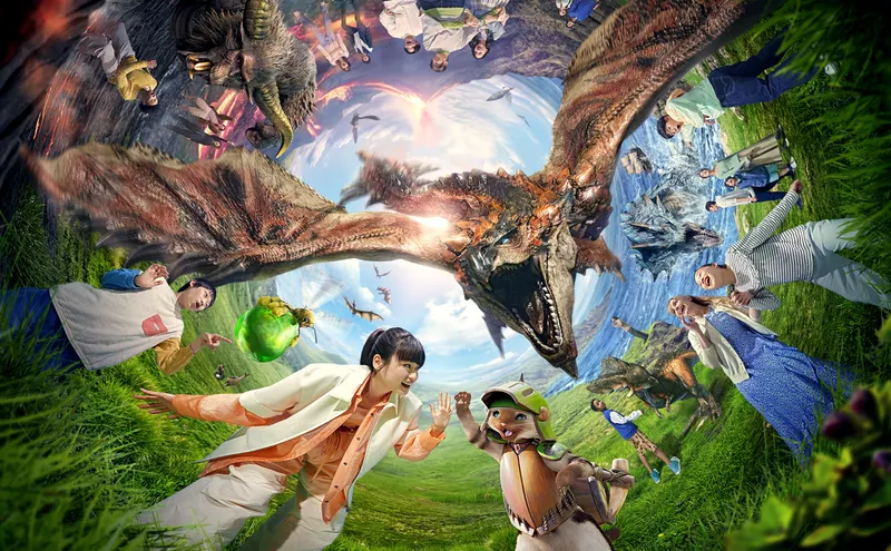 People and creatures across a spiral while a flying monster is in the middle