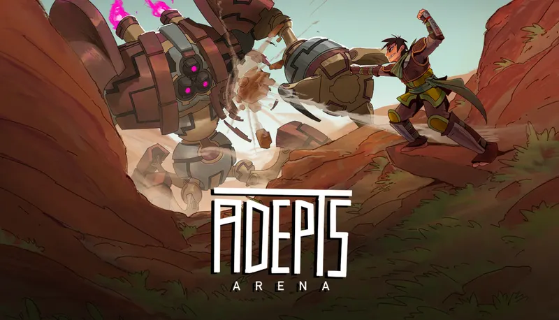 Adepts Arena key art shows someone fighting a mechanical golem