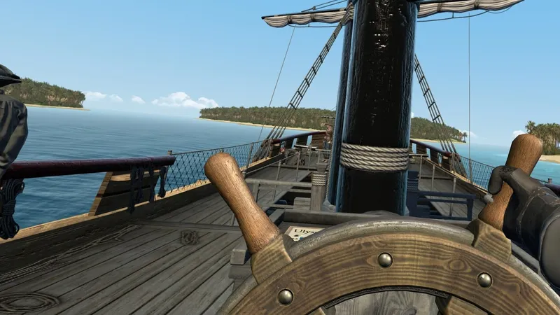 First person view of a gloved hand manning the steering wheel on a pirate ship