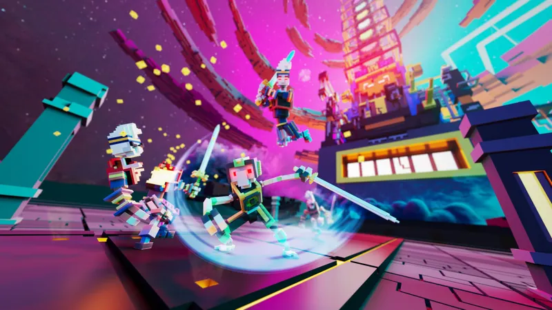 A voxel style robot taking a sword swing at another robot