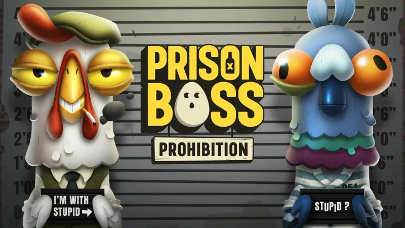 Prison Boss Prohibition logo, two anthropomorphic chickens holding up signs against a height measuring wall