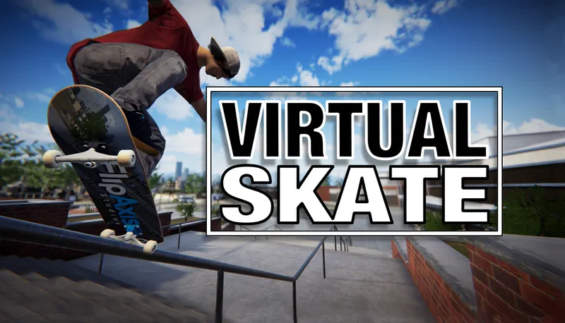 A caucasian man is front-grinding a gnarly move down a railing while the text logo "Virtual Skate" floats next to him.