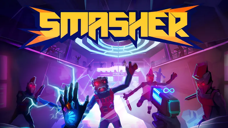 a wave of robots and henchmen engaging with a cyberpunk player with a colorful gun. the title reads 'SMASHER'.