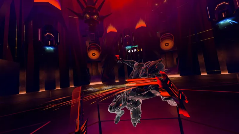 A digital sword slicing through a cyber warrior that's lunging at you in a video game