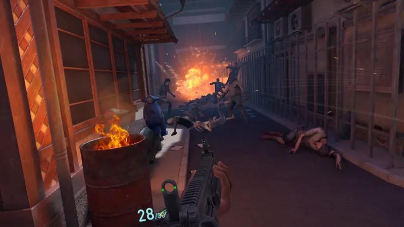 Zombies charge forward while they're shot by the player and NPC characters. There's a burning barrel in the foreground and an explosion in the background.