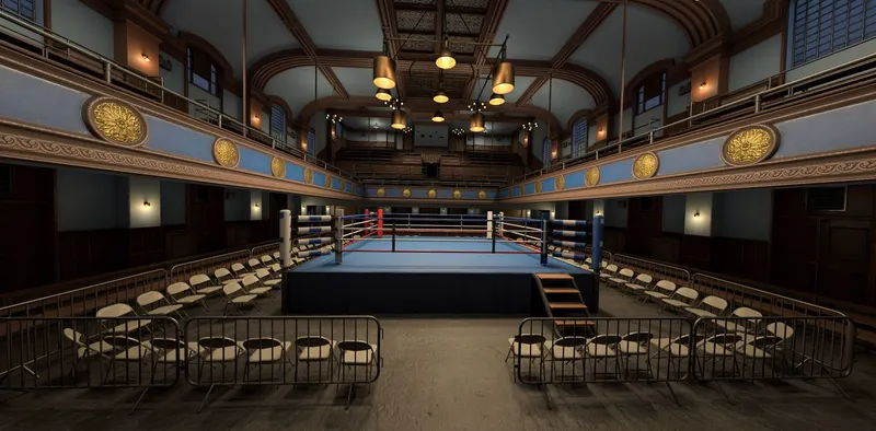 A virtual boxing ring surrounded by fold-up seats