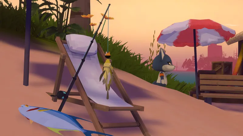 Two digital fish laying near a lounge chair as an NPC looks on.