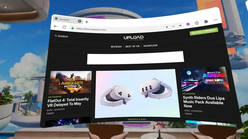 A Meta Quest screenshot shows the UploadVR home page.