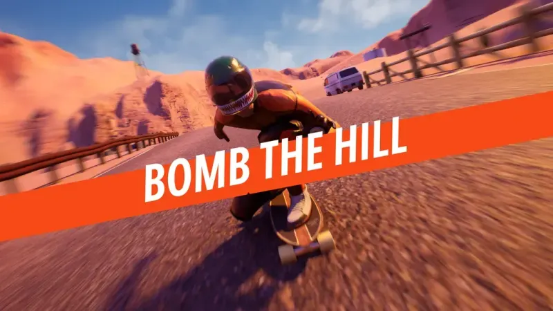 Skateboarder flying down a desert road in Bomb the Hill, a skateboarding game coming to SteamVR and Meta Quest this summer.