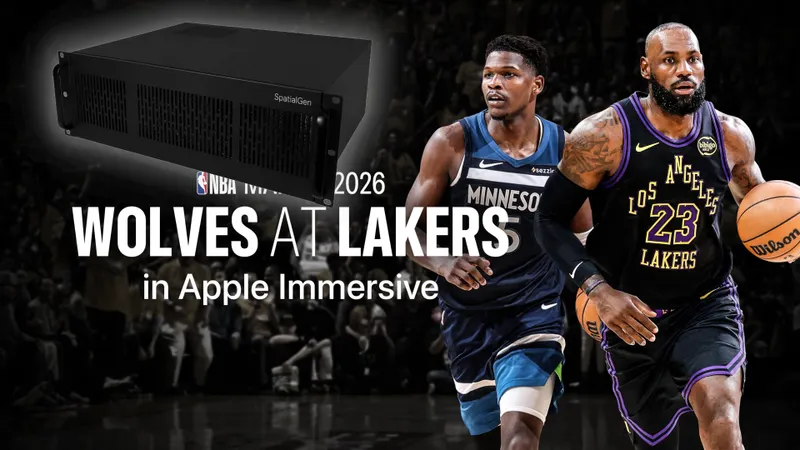 SpatialGen Zeus overlay on Apple Immersive Video promo of Wolves at Lakers.