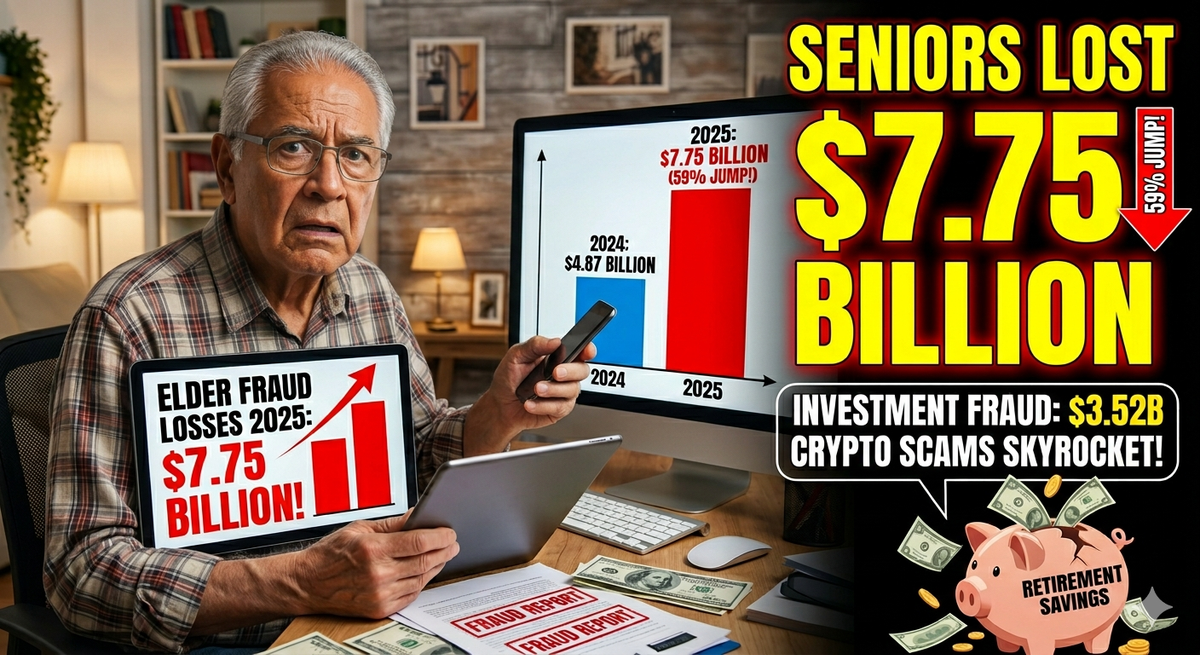 A rising bar chart showing senior fraud losses climbing to a record $7.75 billion in 2025.