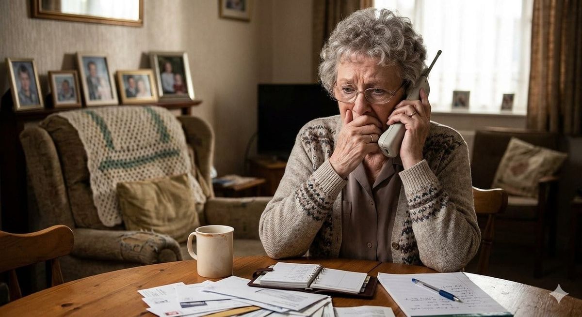 An older woman sits at her kitchen table looking worried as she holds a cordless phone to her ear, with unpaid bills, a notebook, and framed family photos nearby.