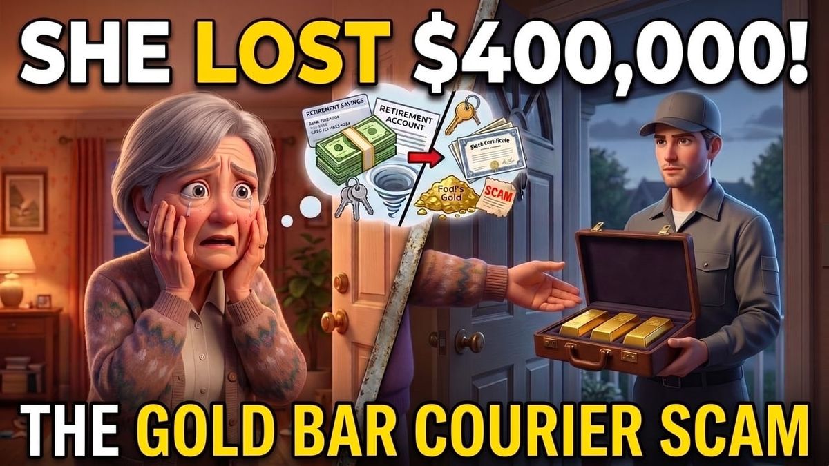 A distressed older woman at her front door as a courier holds an open briefcase of gold bars, with the words She Lost 400,000 dollars and The Gold Bar Courier Scam