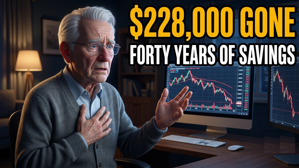 An elderly man in a cardigan looks on in shock at a computer screen showing collapsing financial charts. Text reads: $228,000 gone. Forty years of savings.