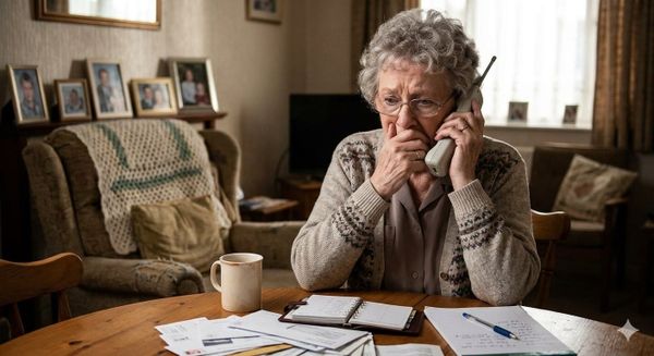An older woman sits at her kitchen table looking worried as she holds a cordless phone to her ear, with unpaid bills, a notebook, and framed family photos nearby.