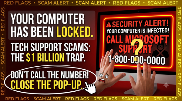 Warning graphic: fake Microsoft security alert pop-up locks a computer screen and demands a call to a toll-free number. Don't call the number - close the pop-up.