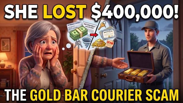 A distressed older woman at her front door as a courier holds an open briefcase of gold bars, with the words She Lost 400,000 dollars and The Gold Bar Courier Scam