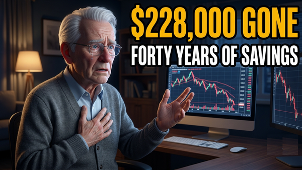 An elderly man in a cardigan looks on in shock at a computer screen showing collapsing financial charts. Text reads: $228,000 gone. Forty years of savings.