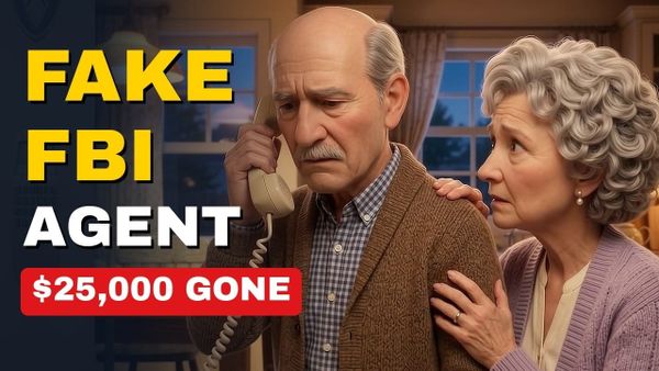 An older couple at their kitchen wall phone, worried, as a caller claims to be from the FBI