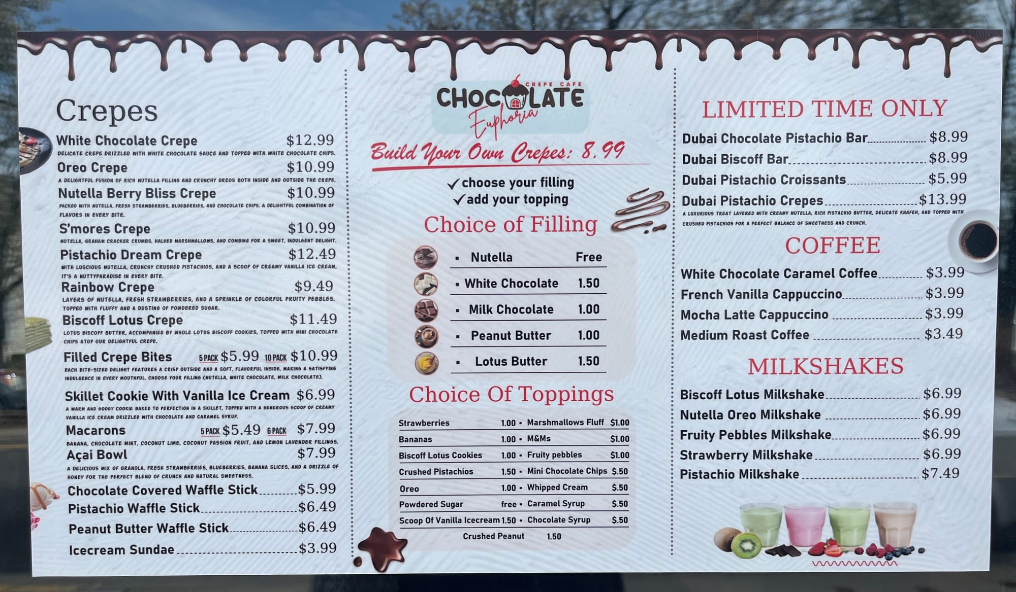 A menu of crepes at Chocolate Euphoria