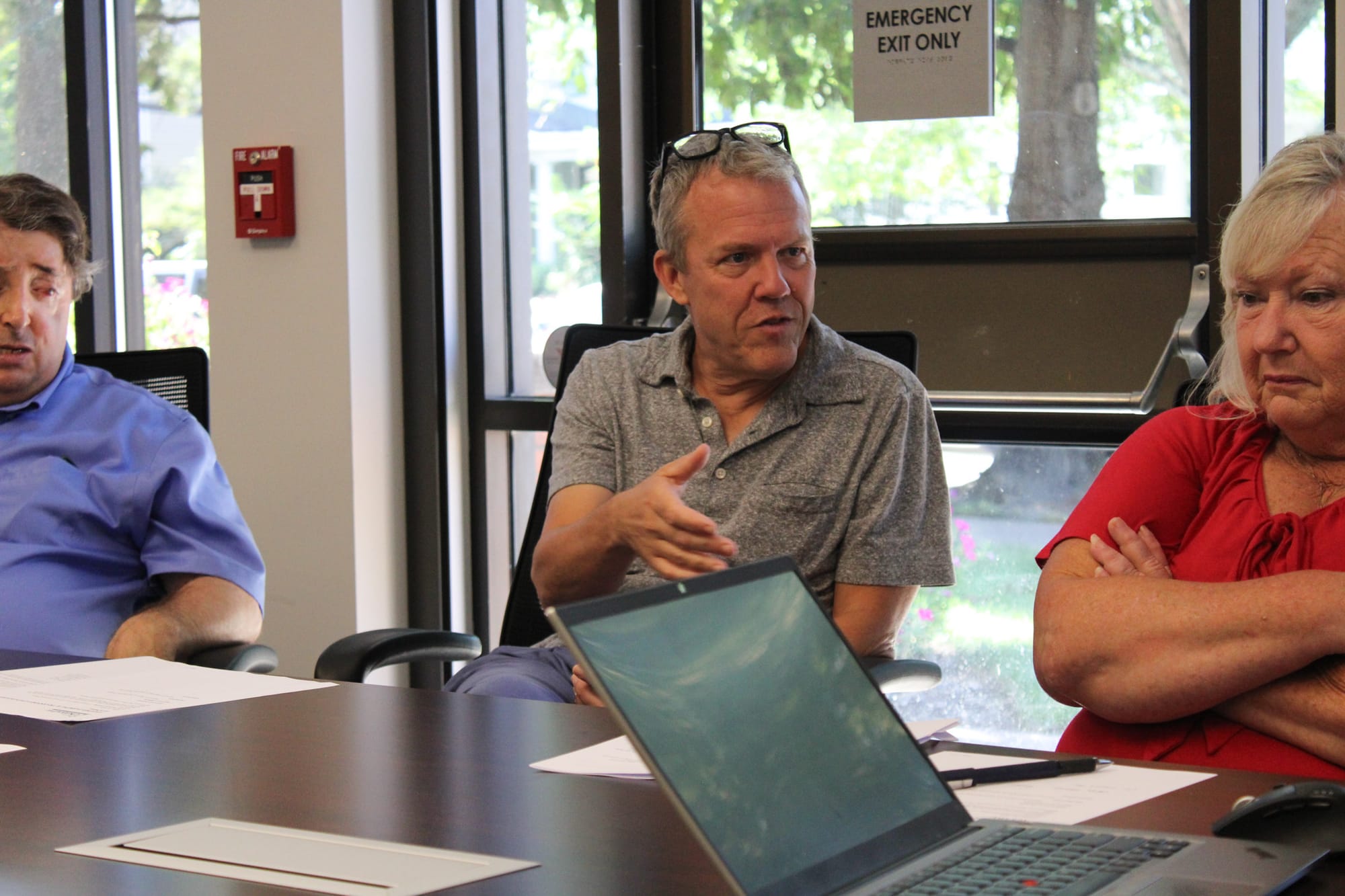 Oxford Parking and Transportation Board Vice Chair David Prytherch, center, speaks during a meeting