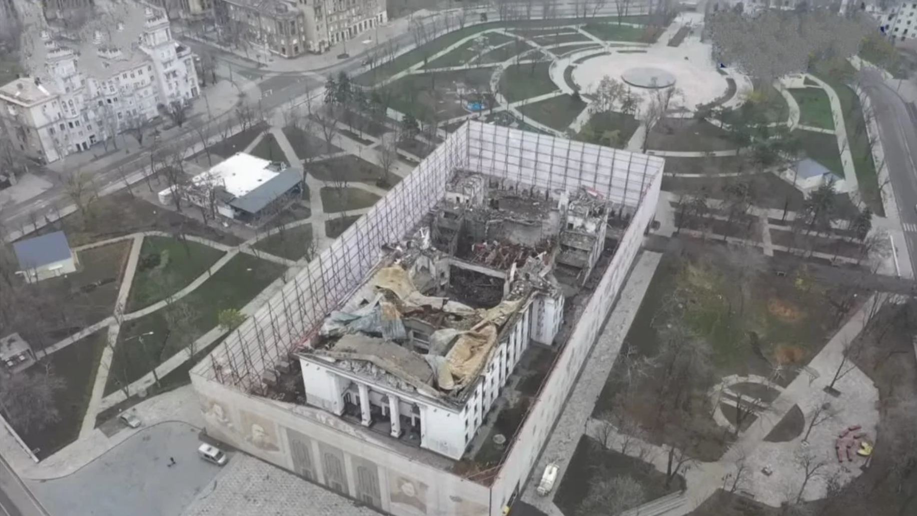 The Mariupol Theater with its Russian facade, 2022.