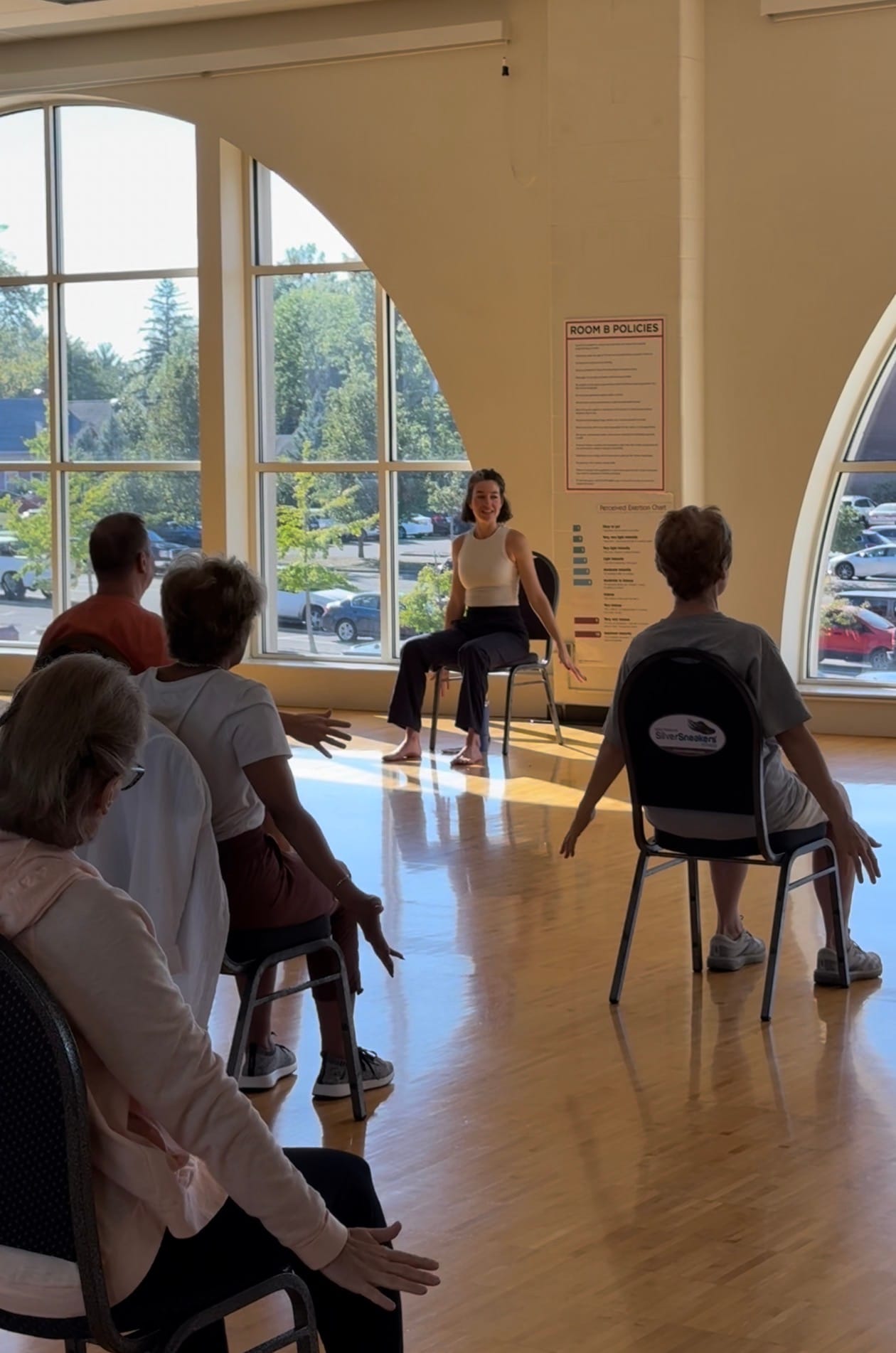 Hillary Swift leads a group through an excerise