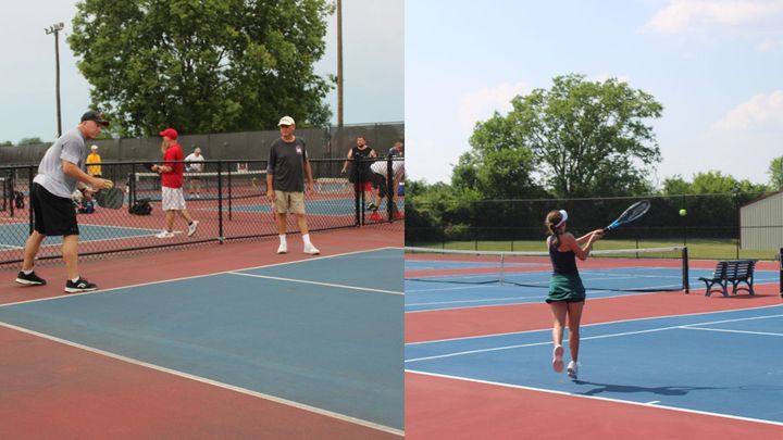 Left picture houses two pickleballers play, one getting ready to  serve. On the right, a girl plays tennis in black outfit.