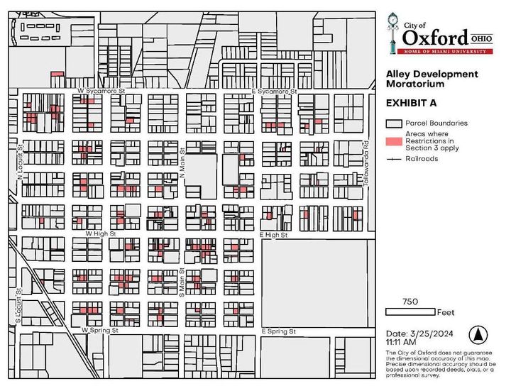A map of Oxford's properties, with alley lots shown in red