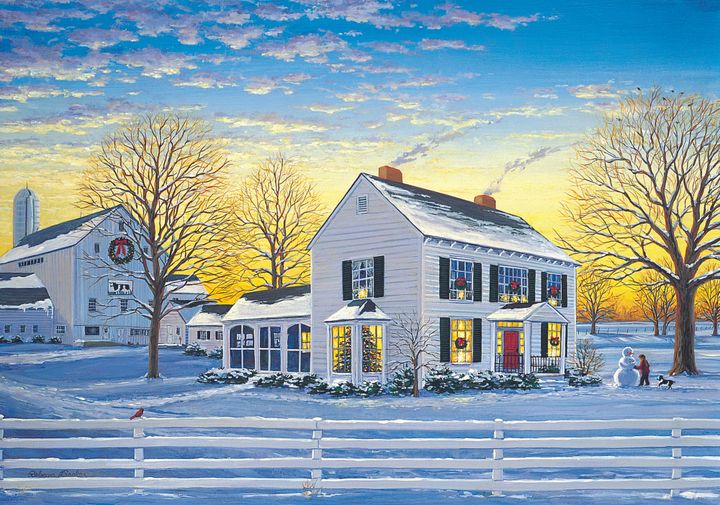 A painting of the Barker homestead in winter, decorated for Christmas