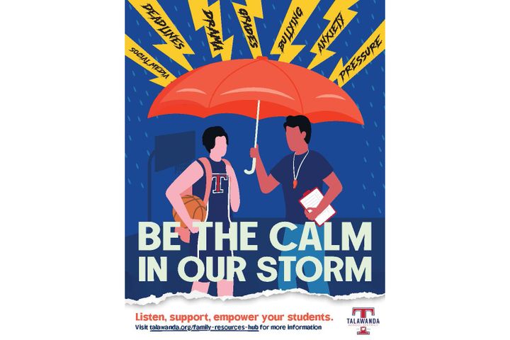 A poster which reads "be the calm in our storm" with a coach holding an umbrella for an athlete