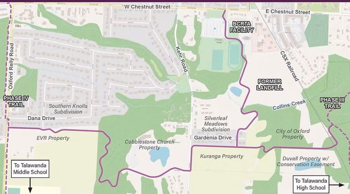 A map showing the trail alignment for the Oxford Area Trail between TMS and THS