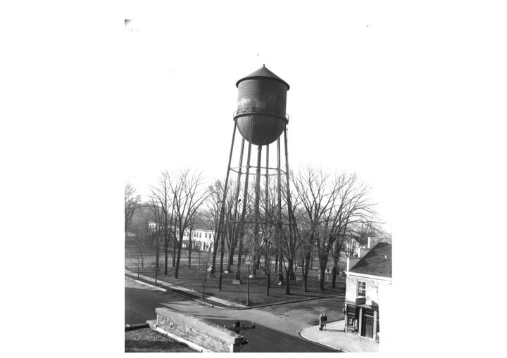 Water tower and cannon in East Park near intersection of High Street and Main Street.